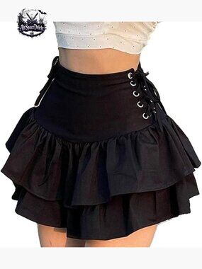 Polyester Mini Skirt with Lace-Up Ruffles A-Line Fit Gothic Style